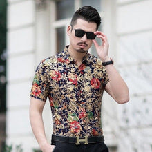 Load image into Gallery viewer, Floral Print Shirt Men 2020 Brand New Gold Bronzing Short Sleeve Chemise Homme Fancy Flower Mens Dress Shirts Camisa Masculina - UK Fashion Market