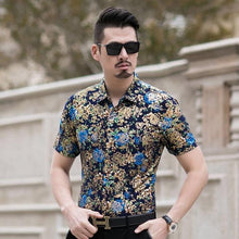 Load image into Gallery viewer, Floral Print Shirt Men 2020 Brand New Gold Bronzing Short Sleeve Chemise Homme Fancy Flower Mens Dress Shirts Camisa Masculina - UK Fashion Market