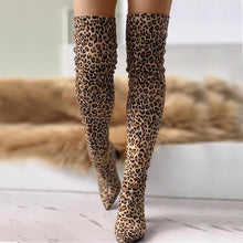 Load image into Gallery viewer, leopard big size 43 Pointed Toe Over The Knee Boots woman 8cm high heels luxury Design chunky heeled women's Shoes woman - UK Fashion Market
