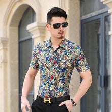 Load image into Gallery viewer, Floral Print Shirt Men 2020 Brand New Gold Bronzing Short Sleeve Chemise Homme Fancy Flower Mens Dress Shirts Camisa Masculina - UK Fashion Market
