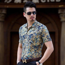 Load image into Gallery viewer, Floral Print Shirt Men 2020 Brand New Gold Bronzing Short Sleeve Chemise Homme Fancy Flower Mens Dress Shirts Camisa Masculina - UK Fashion Market
