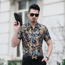 Load image into Gallery viewer, Floral Print Shirt Men 2020 Brand New Gold Bronzing Short Sleeve Chemise Homme Fancy Flower Mens Dress Shirts Camisa Masculina - UK Fashion Market
