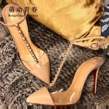 Load image into Gallery viewer, 2019 New Women Pumps Fashion Rivet Mix Color T-strap Thin Heels Sexy Clear PVC Ankle Strap Summer Dress Stiletto Women Pumps - UK Fashion Market
