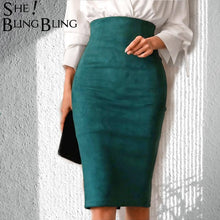 Load image into Gallery viewer, SheBlingBling Empire Skirts  Spring Faux Suede Pencil High Waist Bodycon Split Thick Stretchy Sexy Skirts Knee Length Plus Size - UK Fashion Market
