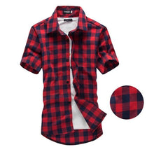 Load image into Gallery viewer, Red And Black Plaid Shirt Men Shirts 2020 New Summer Fashion Chemise Homme Mens Checkered Shirts Short Sleeve Shirt Men Blouse - UK Fashion Market
