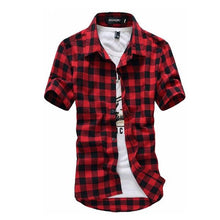 Load image into Gallery viewer, Red And Black Plaid Shirt Men Shirts 2020 New Summer Fashion Chemise Homme Mens Checkered Shirts Short Sleeve Shirt Men Blouse - UK Fashion Market
